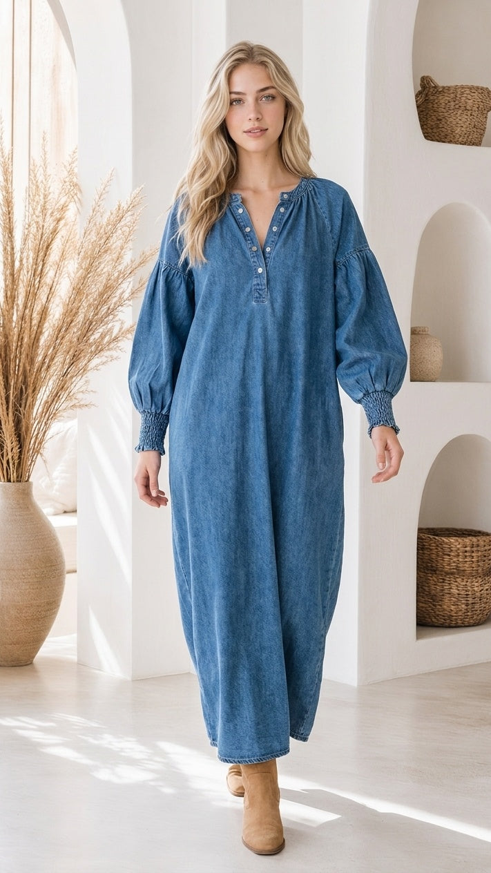 Harper | Denim Lantern Sleeve Maxi Dress