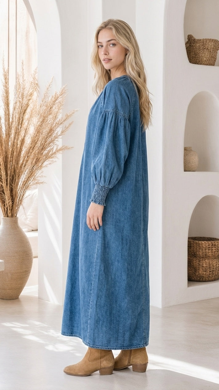 Harper | Denim Lantern Sleeve Maxi Dress