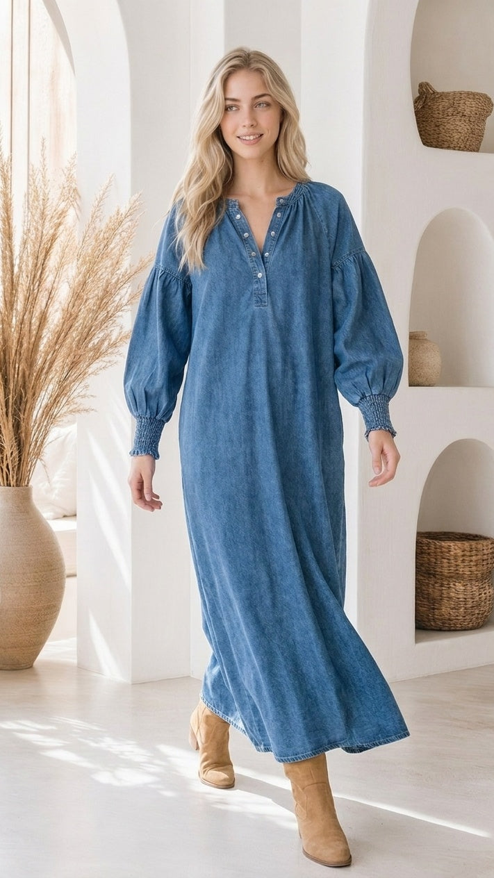 Harper | Denim Lantern Sleeve Maxi Dress